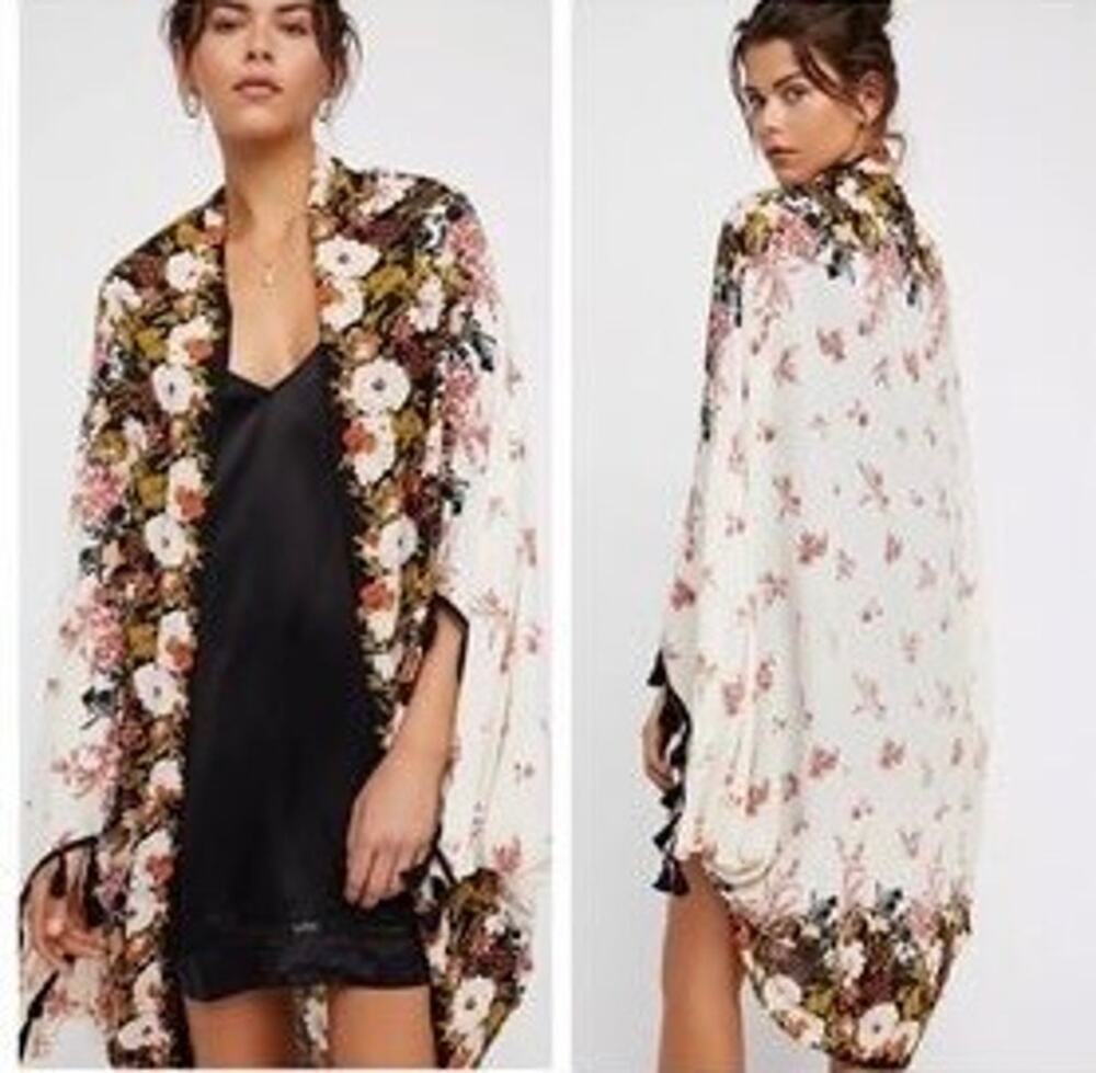 Free People Bali Wrapped In Blooms Shawl OS Cream Black Boho Indie Festival